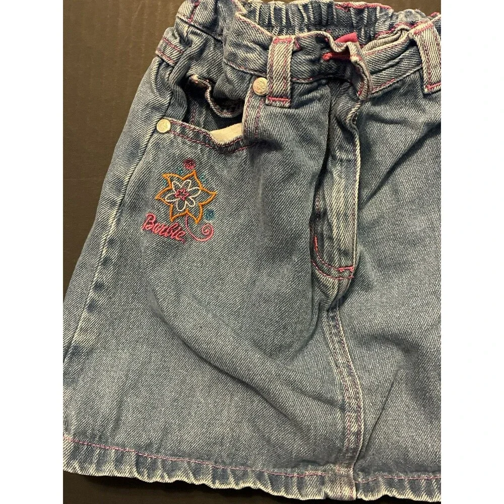 Y2K Barbie Denim Mini Skirt Girls Size 4/5 Blue Jean Embroidered Flower Pink